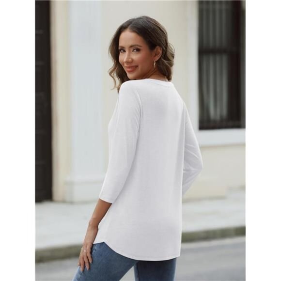 New Women's 3/4 Sleeve V-Neck Casual Basic Trendy Tee‎ Blouses, White - Picture 3 of 7